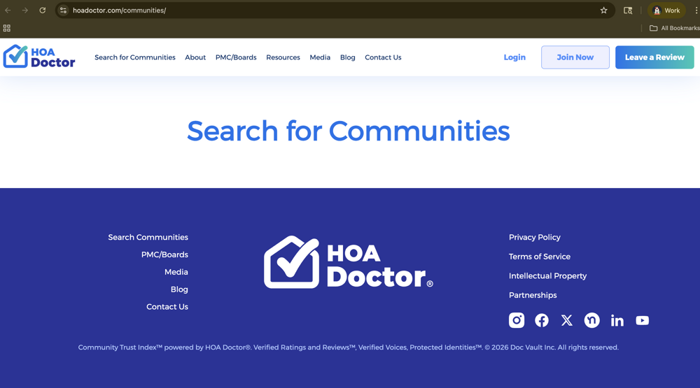 HOA Doctor's empty Search for Communities page showing just a heading and footer