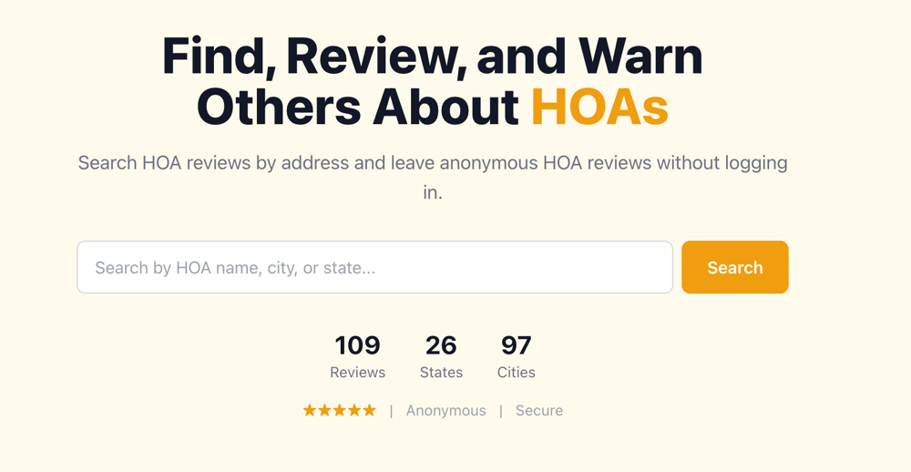 HOA Reviewer homepage with search, 109 reviews, 26 states, 97 cities — anonymous and free