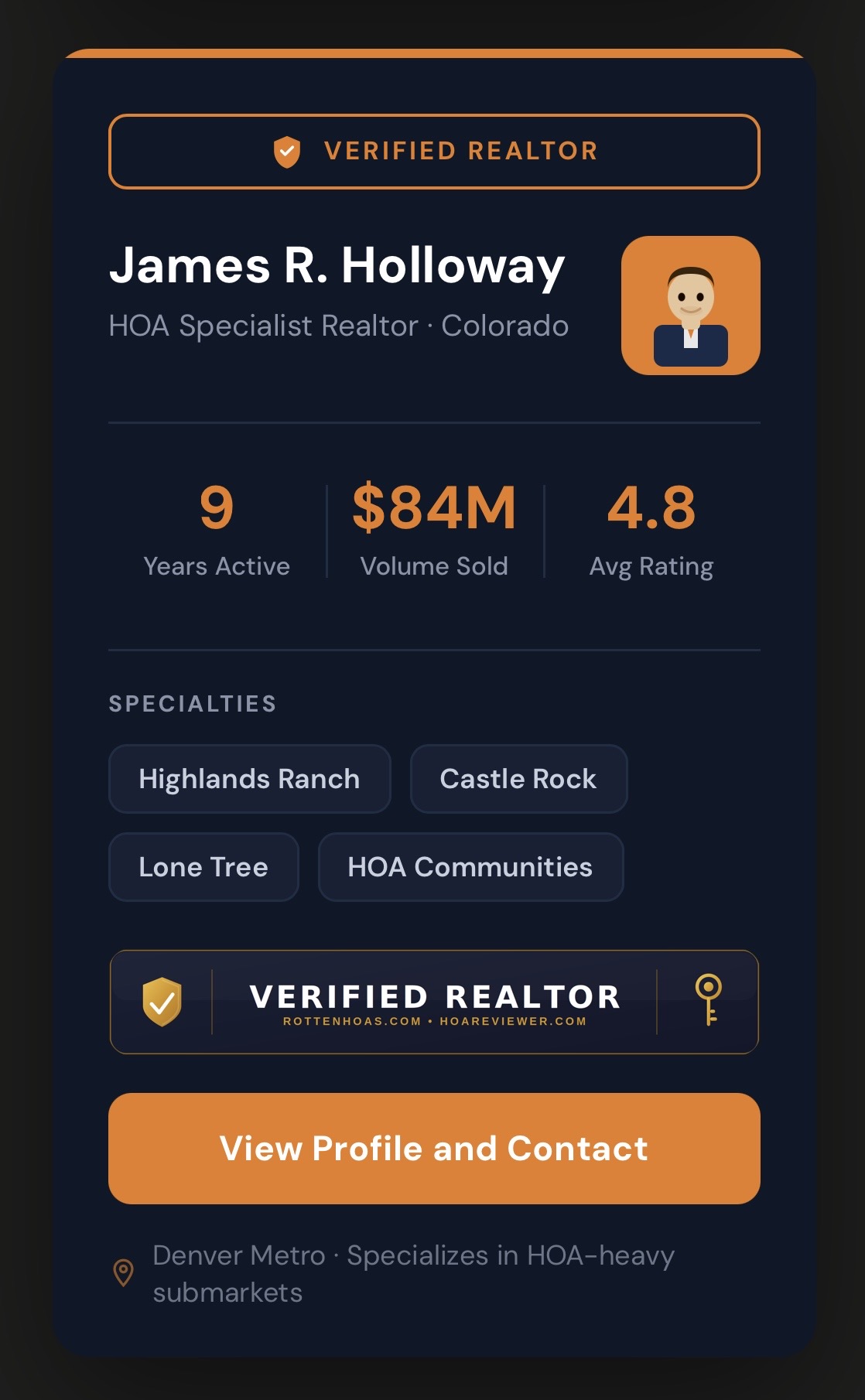 Sample HOAReviewer Verified Realtor profile preview